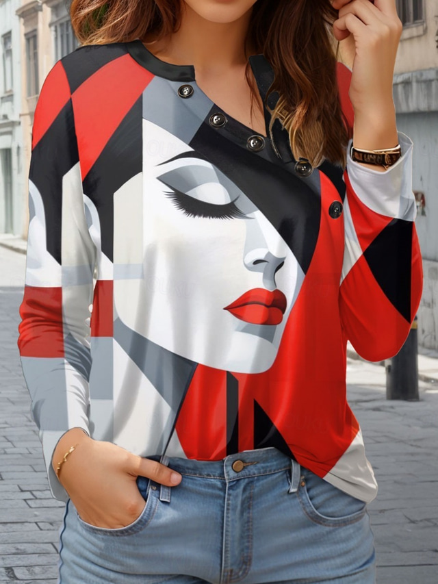  Women's T Shirt Abstract Casual Long Sleeve V Neck Regular Tops Daily Buttons Print Red Spring Fall