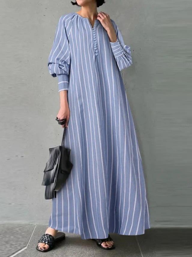  Women's Maxi Dress Casual Dress Cotton Linen Dress A Line Dress Basic Casual Vacation Daily Regular Fit Stripe Long Sleeve V Neck Black White Blue Summer Spring