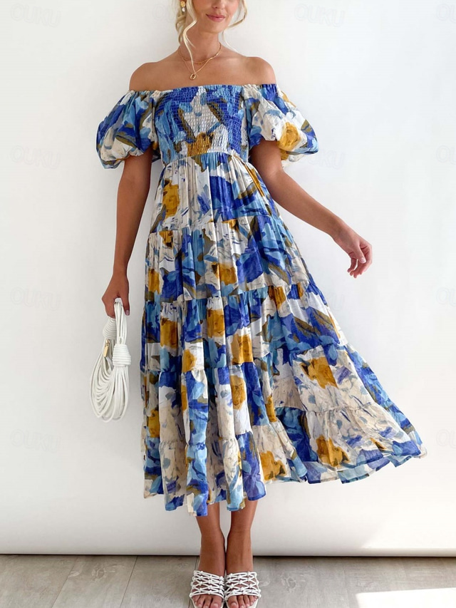  Women's Maxi Dress Casual Dress Swing Dress A Line Dress Stylish Casual Vacation Daily Regular Fit Floral Short Sleeve Off Shoulder Blue Green Summer