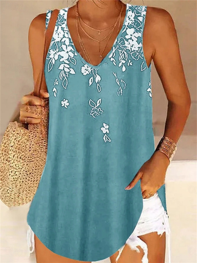  Damens Camisole Tank Top Blommig Stilfull Casual Ärmless U-hals Regulator Toppar Daglig Tryck Ljusblå Lila Grön Sommar
