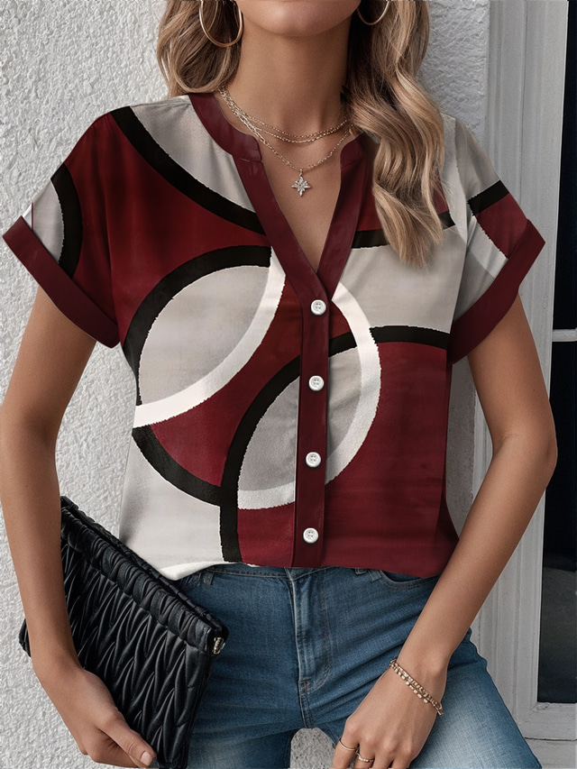  Women's Shirt Geometric Color Block Modern Casual Short Sleeve Notched Neck Regular Tops Work Daily Buttons Print Wine Summer Spring