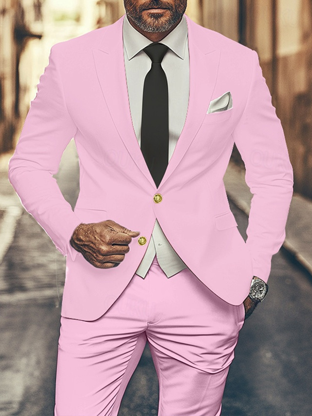  Men's Graduation Set Blazer Business Cocktail Party Wedding Party 2 Piece Fashion Casual Spring &  Fall Polyester Solid Color Buttons Pocket Comfortable Single Breasted Blazer Light Pink Yellow Pink