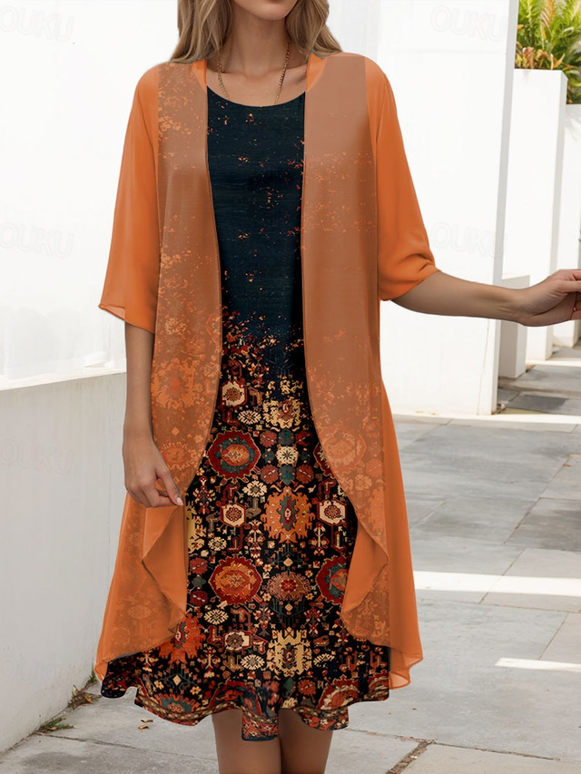  Women's Graduation Dress Midi Dress Two Piece Dress Set Shift Dress Chiffon Dress Elegant Vintage Tribal Print Half Sleeve Crew Neck Daily Orange Summer Spring Loose Fit