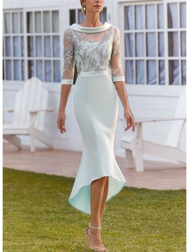  Mermaid / Trumpet Dress Mother of the Bride Dress Elegant Vintage Jewel Neck Asymmetrical Tea Length Stretch Fabric Half Sleeve with Lace Race Day Dress