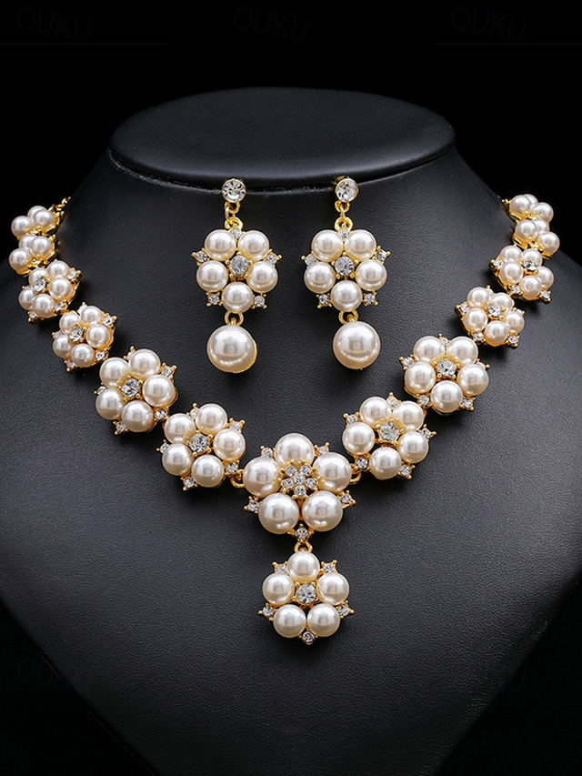  Women's Faux Pearl and Rhinestone Jewelry Set – Elegant Necklace and Earrings for Weddings, Parties and Special Occasions