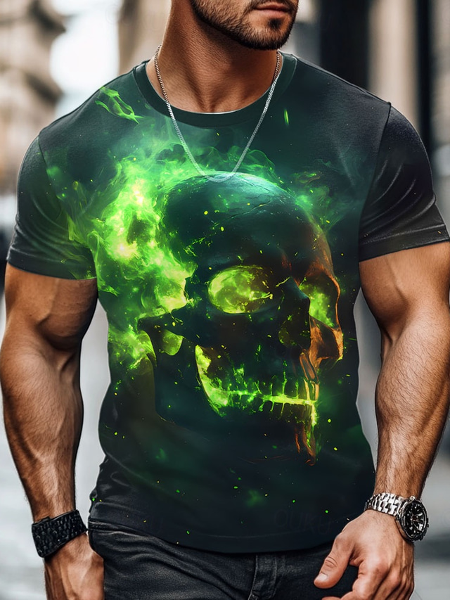 Men's Cool Skulls Flame T Shirt Short Sleeve T shirt 3D Print Crew Neck Shirt Exaggerated Designer Party Holiday Green Summer Spring Clothing Apparel S M L XL XXL XXXL