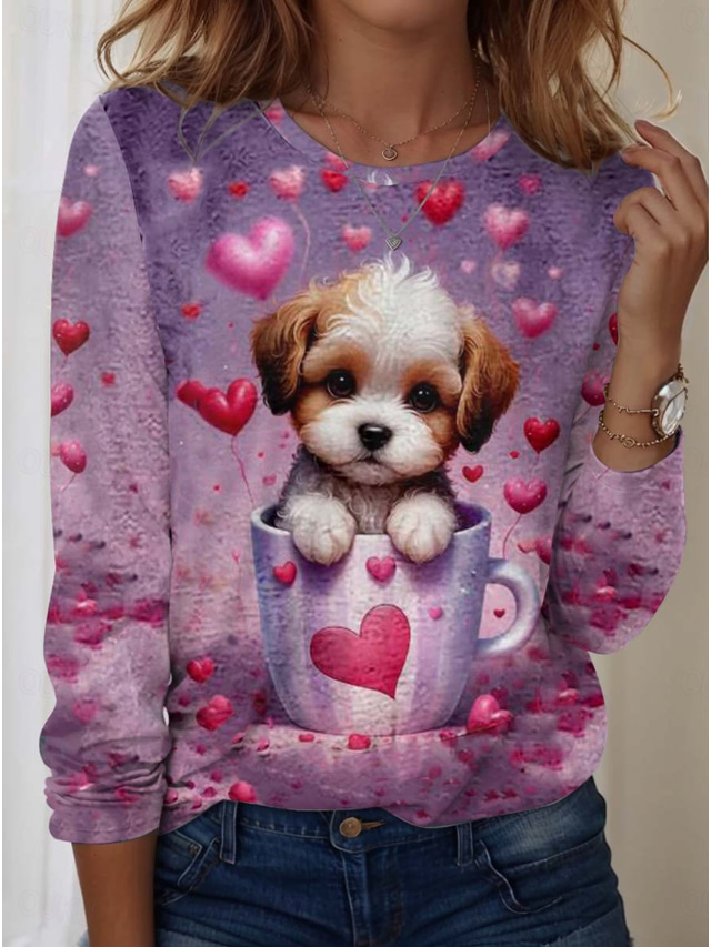  Valentine's Day Women's T Shirt Dog Casual Short Sleeve Round Neck Regular Tops Daily Print Purple Summer