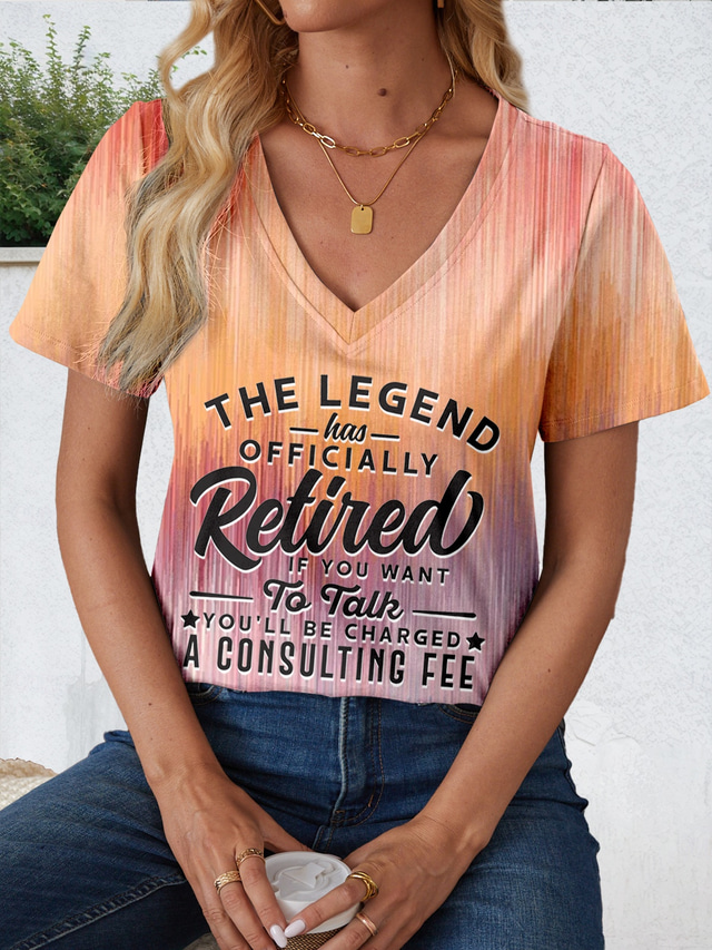  Women's T Shirt Tie Dye Letter Stylish Casual Short Sleeve V Neck Regular Tops Daily Print Orange Summer