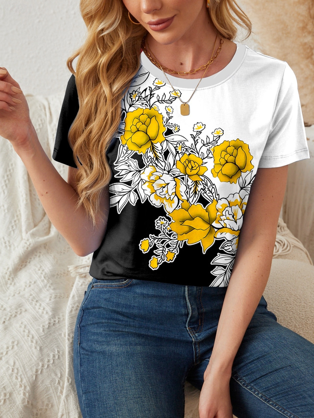  Women's T Shirt Floral Casual Short Sleeve Round Neck Regular Tops Daily Print Yellow Red Blue Summer