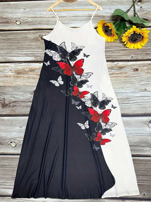  Dámské Midi šaty Volnočasové šaty Áčkové šaty Letní šaty Slip Dress stylové Na běžné nošení Dovolená Denní Běžný Motýl Bez rukávů Do U Černá Léto