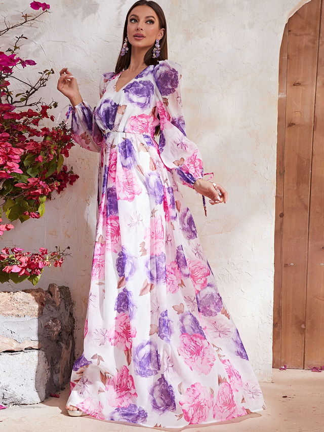  Floral Wedding Guest A-Line Mother of the Bride Dress Elegant Hide Belly V Neck Floor Length Chiffon Long Sleeve with Flower 2025