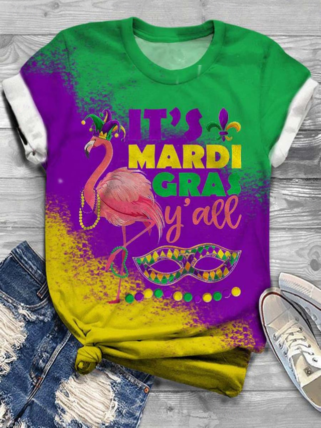  Mardi gras Damskie Podkoszulek Ptak Codzienny Krótki rękaw Okrągły dekolt Zwykłe topy Codzienny Nadruk Zielony Lato