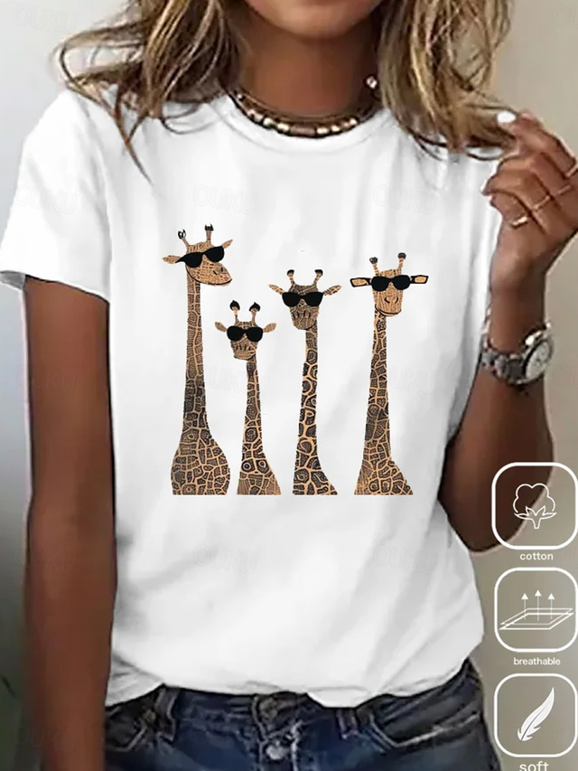  Women's T Shirt Cotton Shirt Animal Letter Casual Short Sleeve Round Neck Regular Tops Daily Print White Summer