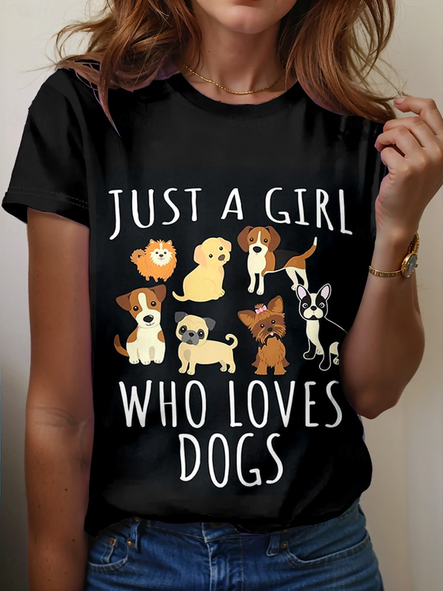  Women's T Shirt Animal Dog Casual Short Sleeve Round Neck Regular Tops Daily Print Black White Wine Gray Summer Spring