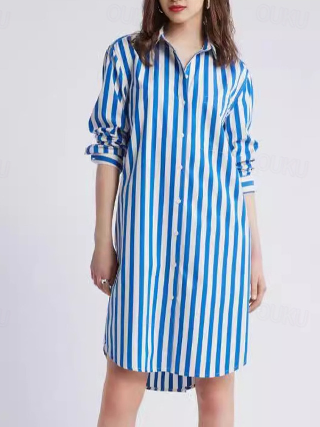  Pentru femei Rochie Mini Rochii Tip Cămașă Rochie casual Rochie de vară Stilat Casual Vacanță Zilnic Dată Fit regulat Dunga Manșon Lung Rever Albastru piscină Vară Primăvară