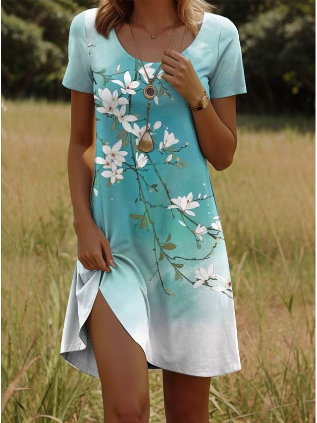  Women's Mini Dress Casual Dress Petite Dress T Shirt Dress Tee Dress Sundress Casual Vacation Casual Daily Regular Fit Floral Short Sleeve Crew Neck Green Summer