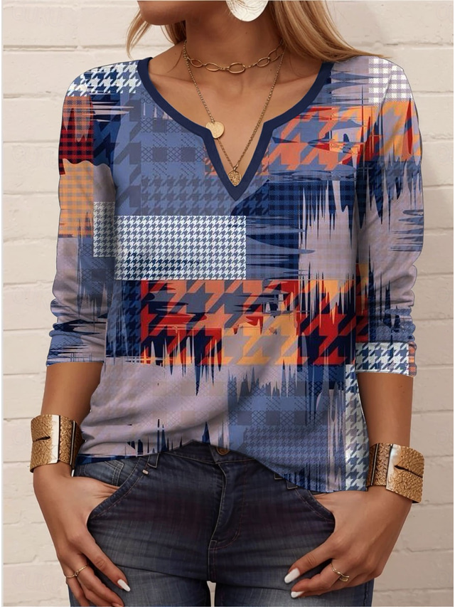  Women's T Shirt Geometric Casual Long Sleeve Notched Neck Regular Tops Daily Print Blue Summer Spring Fall