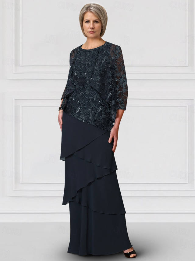  Sky blue Jacket Dresses with Lace Mother of the Bride Wedding Elegant Vintage Crew Neck Floor Length Chiffon Long Sleeve Tier Cascading Ruffles