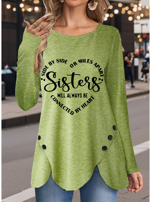  女性用 Tシャツ ハート レタード カジュアル 長袖 クルーネック レギュラートップス 日常 ボタン プリント アシメントリー グリーン 春 秋