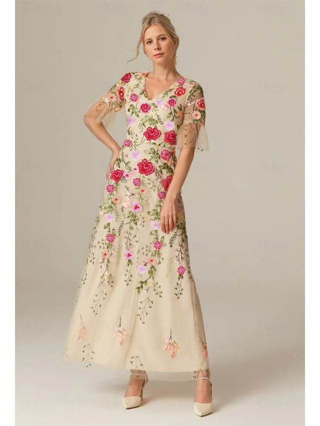  Floral Lace A-Line Embroidered Dress Beach Wedding Formal Mother of the Bride Elegant Vintage V Neck Ankle Length Tulle Short Sleeve with Appliques Flower