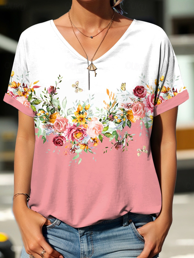  Women's T Shirt Floral Stylish Casual Short Sleeve V Neck Regular Tops Daily Print Pink Summer