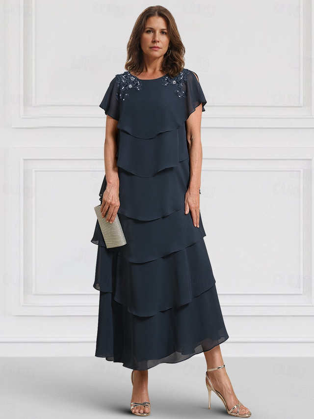  Blue A-Line  Mother of the Bride Dress Wedding Guest Elegant Hide Belly Crew Neck Ankle Length Chiffon Short Sleeve with Lace Tier Cascading Ruffles Midi Dress 2025