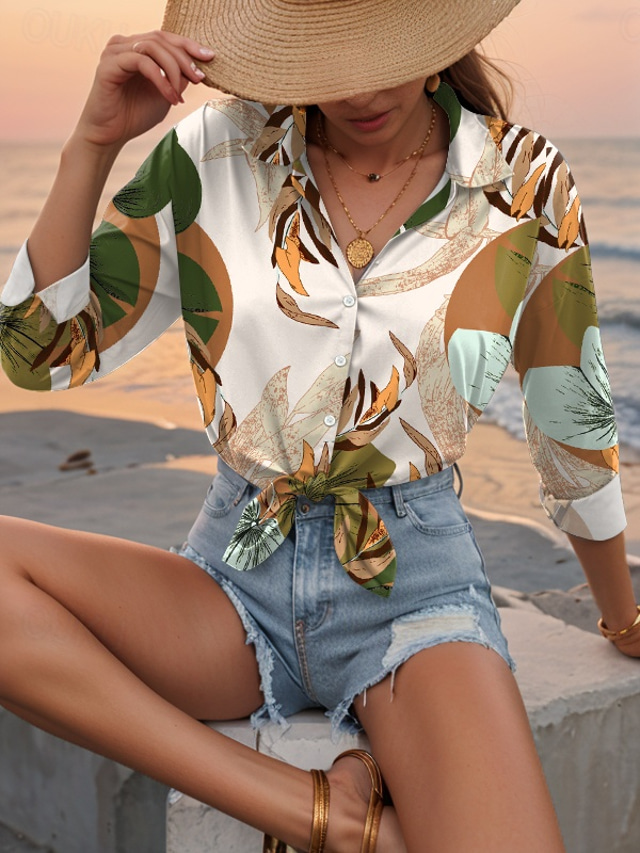  Women's Shirt Leaf Casual Long Sleeve Shirt Collar Regular Tops Work Daily Buttons Print Orange Spring Fall Winter