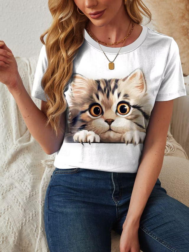  Dame T skjorte Katt Fritid Kortermet Rund hals Vanlige topper Daglig Trykt mønster Svart og Hvit Grå og Hvit Svart Hvit Gul Sommer