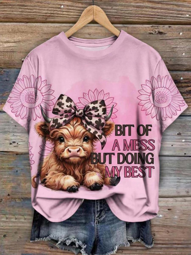  Pentru femei Tricou Vacă Casual Manșon scurt Rotund Topuri obișnuite Zilnic Imprimeu Roz Îmbujorat Vară