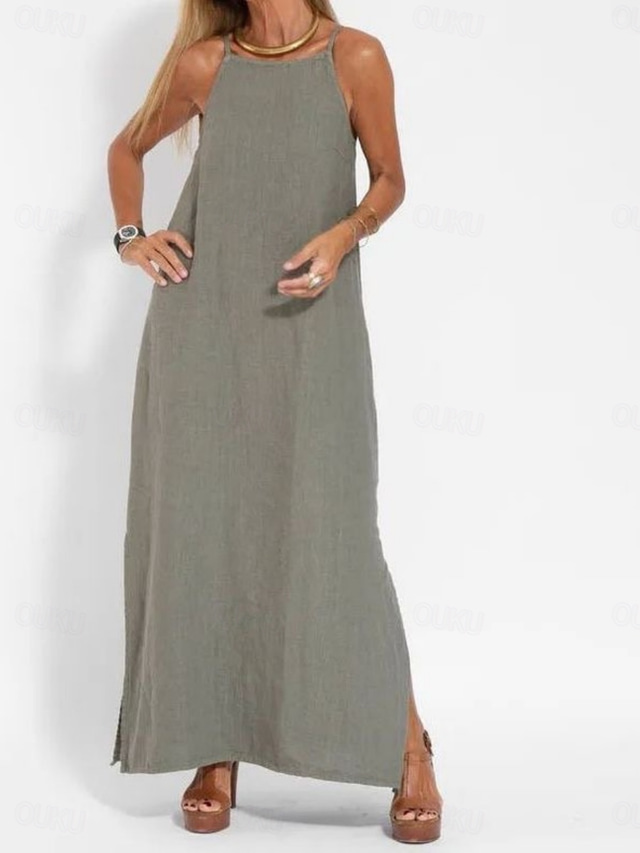  Mujer Vestido maxi Vestidos de lino y algodón Vestido informal Vestido lencero Básico Casual Vacaciones Diario Ajuste regular Plano Sin Mangas Con Tirantes Blanco Verde Ejército Verano
