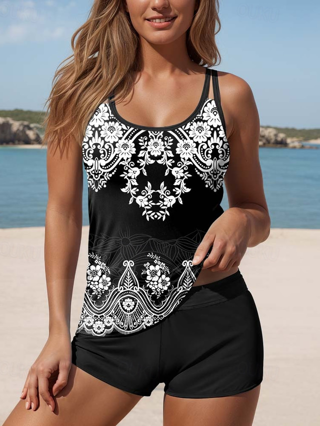  Maiôs Femininos Tankini 2 Peças Boy Leg Maiô Costas Nua Férias Praia Roupas Geométricas U Neck Sem Mangas
