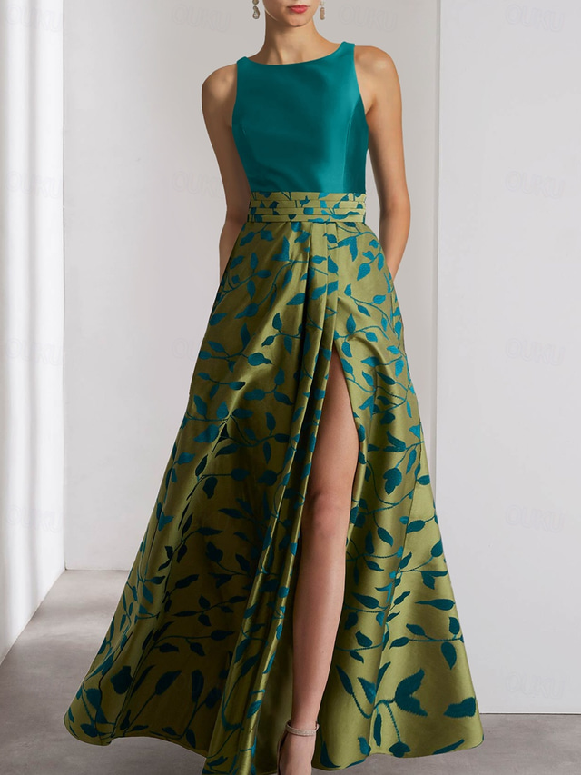  Green Floral A-Line Evening Gown Elegant Dress Formal Wedding Floor Length Sleeveless Halter Neck Pocket Satin with Pocket Derby Dress Race Day Dress Wedding Guest Dress 2025