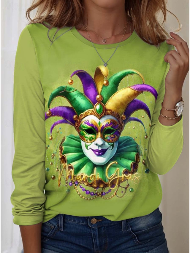  バレンタイン・デー 女性用 Tシャツ ハート カジュアル 長袖 クルーネック レギュラートップス 日常 プリント グリーン 春 秋