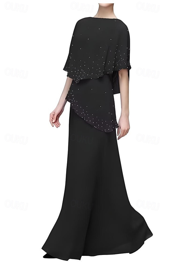  A-Line Dress Mother of the Bride Dress Elegant Simple Crew Neck Floor Length Chiffon Half Sleeve with Lace Ruffles Tier
