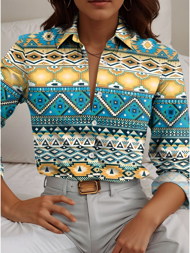  Femmes Chemise Géométrique Bloc de Couleur Occasionnel manche longue Col de chemise Hauts Réguliers Travail Quotidien Boutons Imprimé Bleu Printemps Automne Hiver