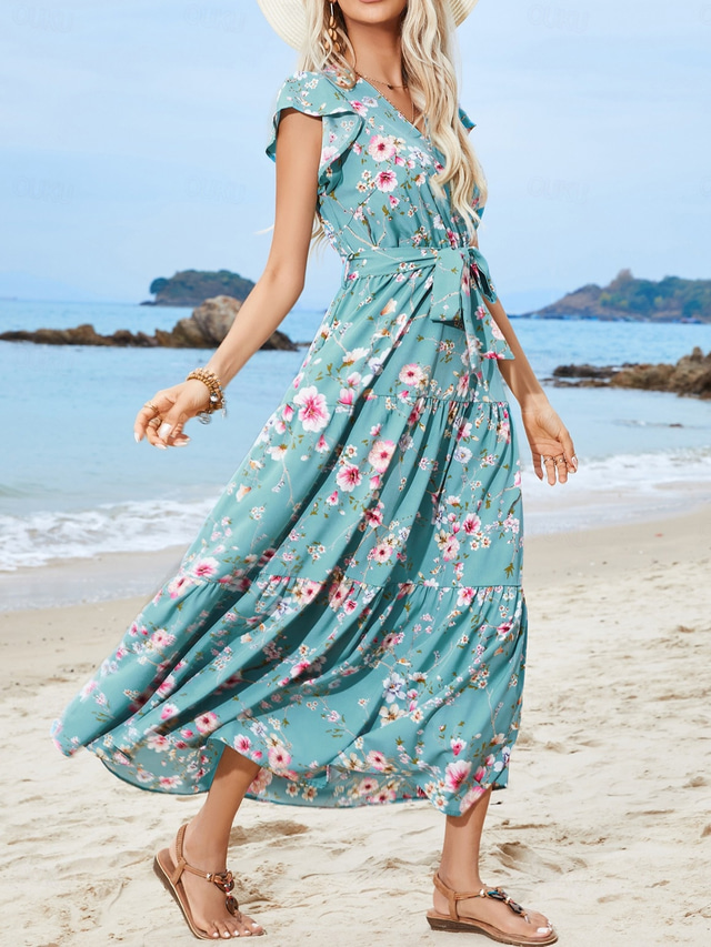  Women's Casual Dress A Line Dress Stylish Casual Floral Graphic Maxi Dress Short Sleeve V Neck Print Regular Fit Vacation Daily Light Blue Summer