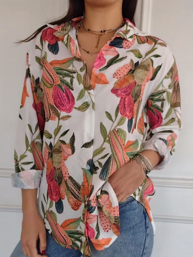  Women's Shirt Blouse Floral Stylish Casual Long Sleeve Shirt Collar Regular Tops Daily Buttons Print Blue Orange Summer Spring