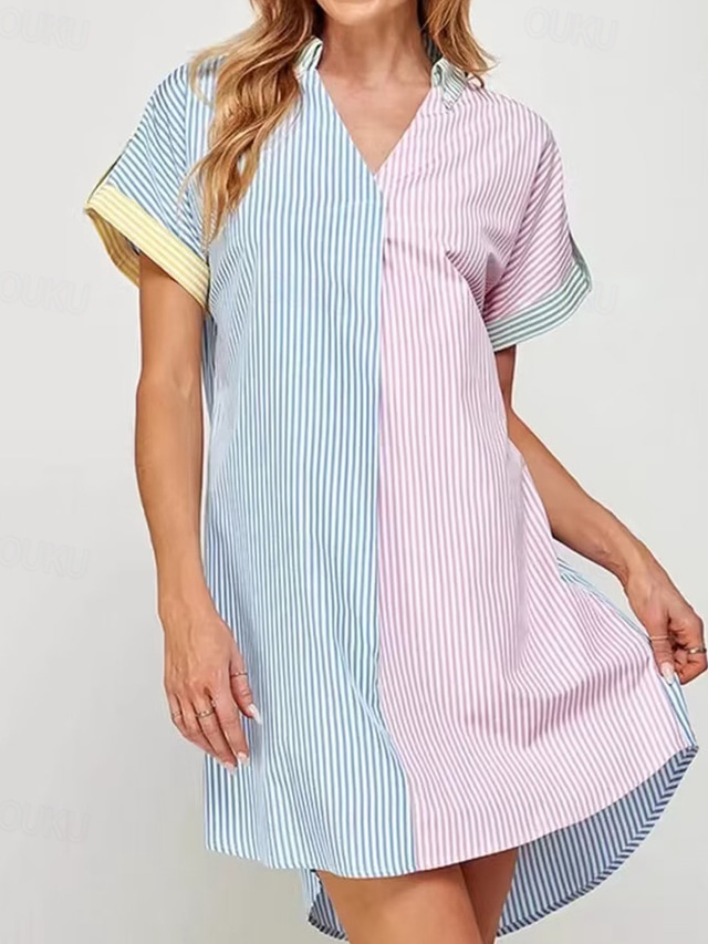  Naisten Mini mekko Paitamekko Rento mekko Kesämekko Tyylikäs Vapaa-aika Loma Päivittäin Deitti Normaali Väripalikka Lyhythihainen Kauluskäänne Sininen Kesä Kevät