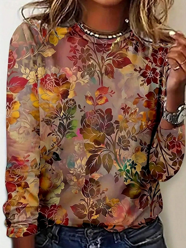  Women's T shirt Crew Neck Long Sleeve Tunic Floral Graphic Casual  Regular Tops Daily Print Brown Spring Fall