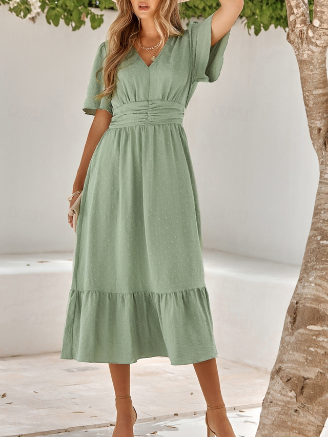  Women's Midi Dress Casual Dress Swing Dress A Line Dress Stylish Basic Casual Vacation Daily Regular Fit Plain Short Sleeve V Neck Light Green Red Summer Spring
