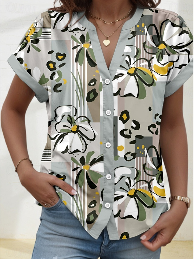  Women's Shirt Floral Graphic Stylish Beach Short Sleeve Shirt Collar Regular Tops Daily Buttons Print Green Spring Fall