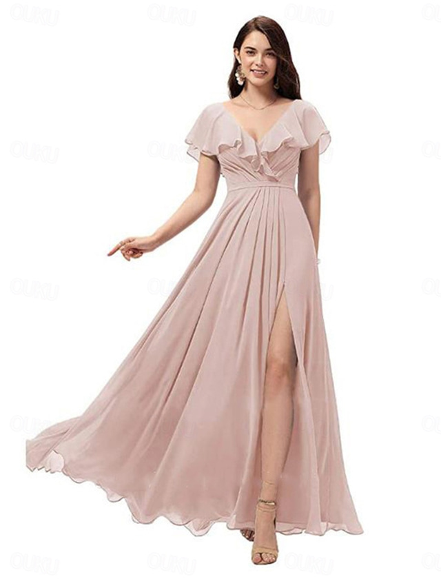  A-Line Bridesmaid Dress V Neck Short Sleeve Elegant Floor Length Chiffon with Split Front 2022