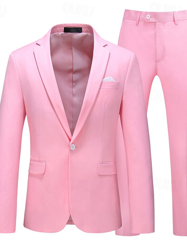  Men's Set Blazer Business Cocktail Party Wedding Party 2 Piece Fashion Casual Spring &  Fall Polyester Solid Color Buttons Pocket Comfortable Single Breasted Blazer Dark Yellow Black White Yellow