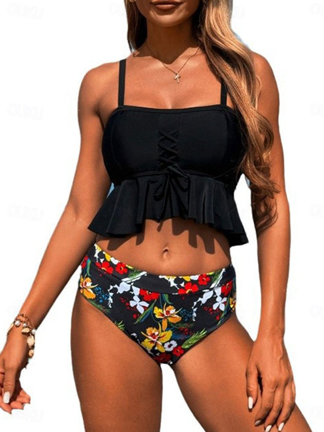  Dames Zwemkleding Bikini 2 stuks Brutaal Zwempak Blote rug Slank Vakantie Strand Kleding Grafisch U-hals Mouwloos Badpakken