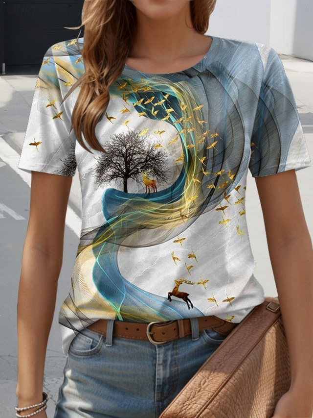  Women's T Shirt Graphic Casual Short Sleeve Round Neck Regular Tops Daily Print Blue Summer