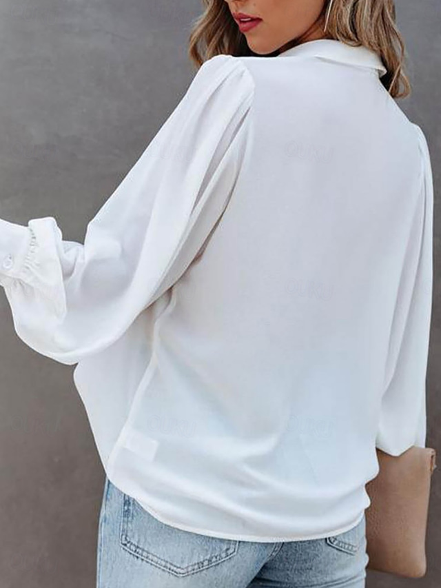  Women's Shirt Blouse Solid Color Stylish Casual Long Sleeve Shirt Collar Regular Tops Daily Buttons Black White Navy Blue Dusty Blue Purple Summer Spring