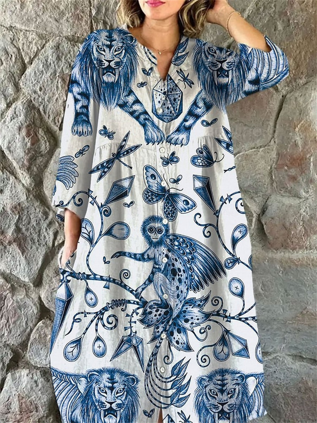  Damen Midikleid Leinen-inspirierte Kleider Hemdblusenkleid Freizeitkleid Elegant Stilvoll Lässig Urlaub Täglich Date Lässiger Schnitt Blumen Langarm Rundhalsausschnitt Rote Blau Dunkelgrün Grün