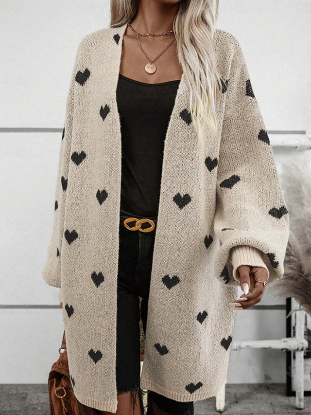  Women's Cardigan Cable Knit Sweater Streetwear Daily Work Heart Ribbed Chunky Open Front Knitted Drop Shoulder Long Sleeve Long Tops Knit Home Party Daily Apricot Fall Winter