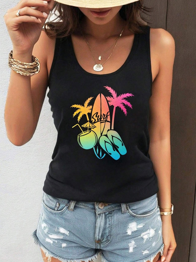 Women's Camisole Tank Top Ombre Graphic Fashion Sleeveless Crew Neck Regular Tops Daily Weekend Beach Wear Print Black Summer