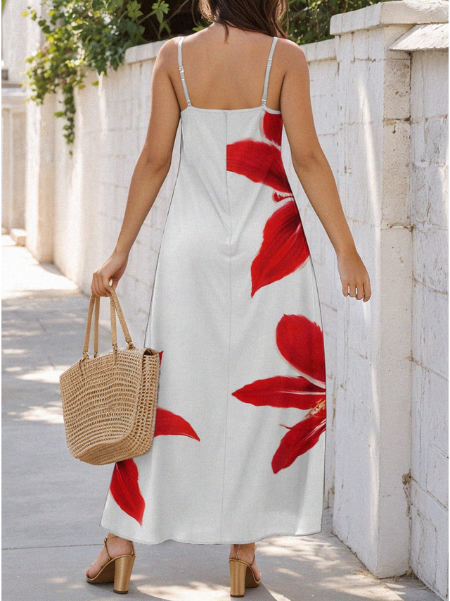  Women's Maxi Dress Sundress A Line Dress Floral Dress Stylish Flowy Vacation Casual Beach Loose Fit Floral Boho Sleeveless V Neck Red Summer Spring
